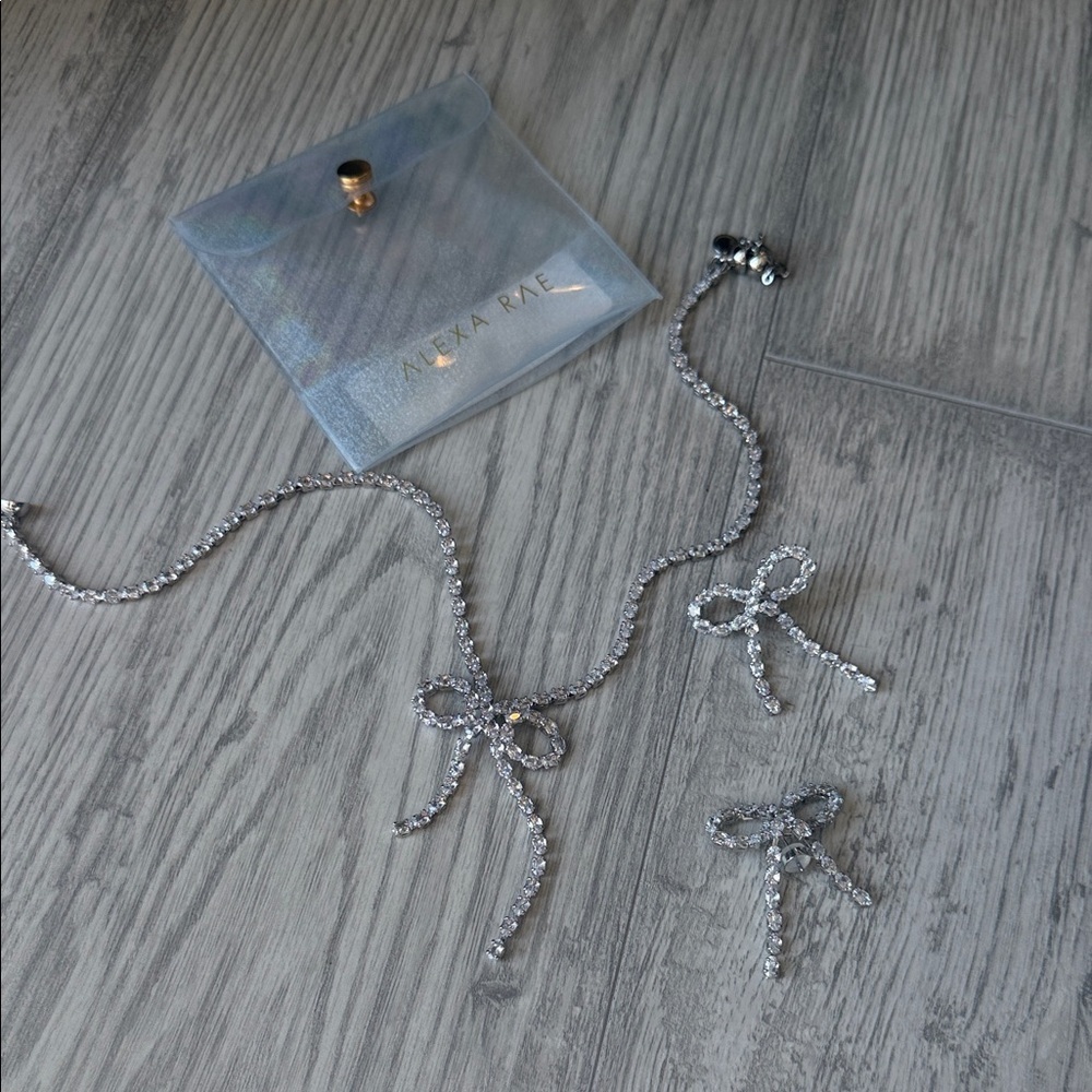 Alexa Rae Crystal Bow Necklace and Earring Set - Silver
